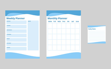 Set of blue minimalist planners vector. Daily, weekly, monthly, calendar, note template. Paper sheet flat design. Business organizer pages on gray background.