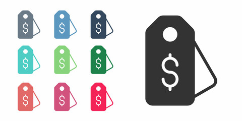 Black Price tag with dollar icon isolated on white background. Badge for price. Sale with dollar symbol. Promo tag discount. Set icons colorful. Vector