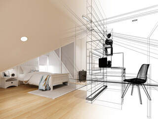 sketch design of interior attic bedroom,3d rendering