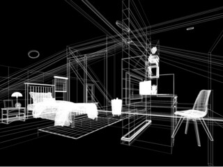Obraz premium sketch design of interior attic bedroom,3d rendering