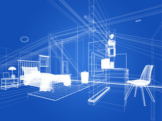 sketch design of interior attic bedroom,3d rendering