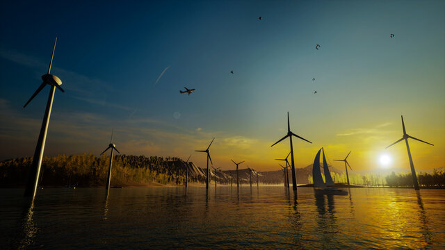 wind turbines at sunset, forest at sunset, 
river flowing through forest at sunset