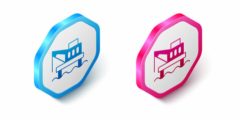 Isometric Oil platform in the sea icon isolated on white background. Drilling rig at sea. Oil platform, gas fuel, industry offshore. Hexagon button. Vector