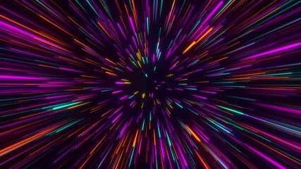 Glowing NEON RAYS motion in SPACE, lightspeed journey through time continuum. 3D ANIMATION with purple pink neon lights. FUTURISTIC and ABSTRACT colorful background. WALLPAPER. DIGITAL Design Concept
