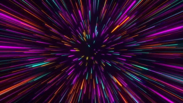 Glowing NEON RAYS motion in SPACE, lightspeed journey through time continuum. 3D ANIMATION with purple pink neon lights. FUTURISTIC and ABSTRACT colorful background. WALLPAPER. DIGITAL Design Concept