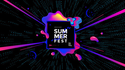 Summer fest wide poster design template with colorful liquid form. Cover in vaporwave style. Electronic Music Neon flyer of the 80s and 90s.