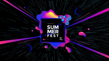  Summer fest wide poster design template with colorful liquid form. Cover in vaporwave style. Electronic Music Neon flyer of the 80s and 90s. © Denys Koltovskyi