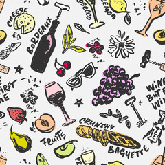 Summer Picnic - Wine, Fruits and Cheese Vector Seamless Pattern. Food Hand Drawn with a Brush with Written Names. Design for Cafe Menu Cover, Flyer, Brochure, etc.