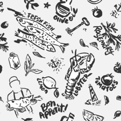 Fresh Fish and Seafood Vector Seamless Pattern. Black and White Hand Drawn with a Brush Cooking Ingredients with Written Names. Design for Cafe Menu Cover, Flyer, Brochure, etc.