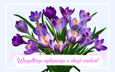 Kartka z malowanymi kwiatami za gratulacje Wszystkiego najlepszego z okazji urodzin po polsku. - obrazy, fototapety, plakaty
