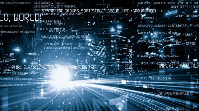 Software development, application programming code and tacit computer coding . Concept of smart digital transformation and technology disruption that changes global trends in new information era .