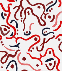 Abstract Wavy Seamless Pattern. Red Hand Drawn with a Brush Ribbons and Dots. Trendy Vector Design for Fabric, Wrapping Paper, Gift Cards etc.