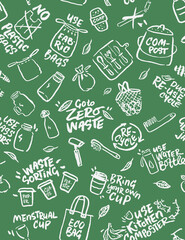 Zero Waste Eco Concept. Colorful  Sustainable Lifestyle Icons and Lettering. Hand Drawn  with a Brush Seamless Pattern. 