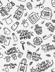  Zero Waste Eco Concept. Black&White  Sustainable Lifestyle Icons and Lettering. Hand Drawn  with a Brush Seamless Pattern. 