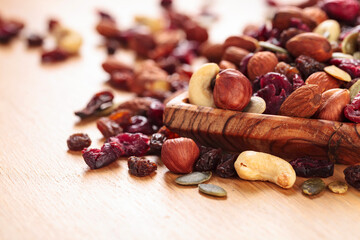 Close-up of mixed nuts, dry fruits, and berries.