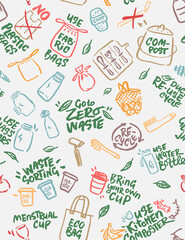 Zero Waste Eco Concept. Colorful  Sustainable Lifestyle Icons and Lettering. Hand Drawn  with a Brush Seamless Pattern. 