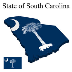 Flag of State of South Carolina of USA on map on white background