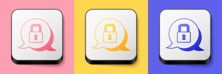 Obraz premium Isometric Lock icon isolated on pink, yellow and blue background. Padlock sign. Security, safety, protection, privacy concept. Square button. Vector