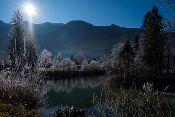 Winter morning on the lake. Triglav National Park. Julian Alps in Slovenia, Europe