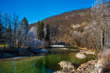 Winter morning on the lake. Triglav National Park. Julian Alps in Slovenia, Europe