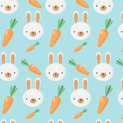Vector seamless pattern with cartoon rabbits and carrot for Easter and other users. For greeting card, posters, banners, children books, printing on the pack, printing on clothes, wallpaper.