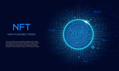 Non fungible token NFT.Technology background with circuit.NFT logo dark blue.Crypto currency concept.