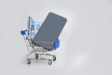 In the trolley on a white background is a phone with a tenge bill, buying a phone, or paying through mobile applications.