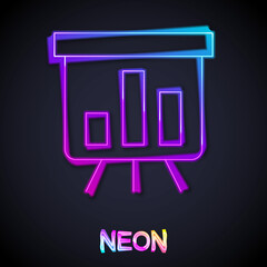 Glowing neon line Board with graph chart icon isolated on black background. Report text file icon. Accounting sign. Audit, analysis, planning. Vector