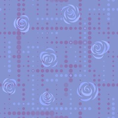 Soft seamless abstract pattern of light blue stylized flowers on a blue background with stripes of dots.