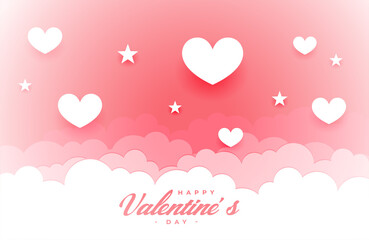 valentines day card in paper style with clouds and hearts