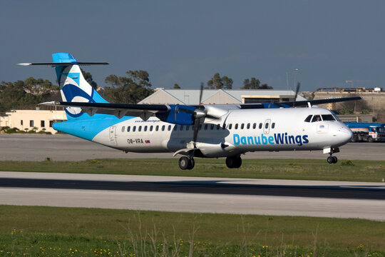 Luqa, Malta January 6, 2011: Danube Wings ATR ATR-72-202 (REG: OM-VRA) touching down runway 13. 
