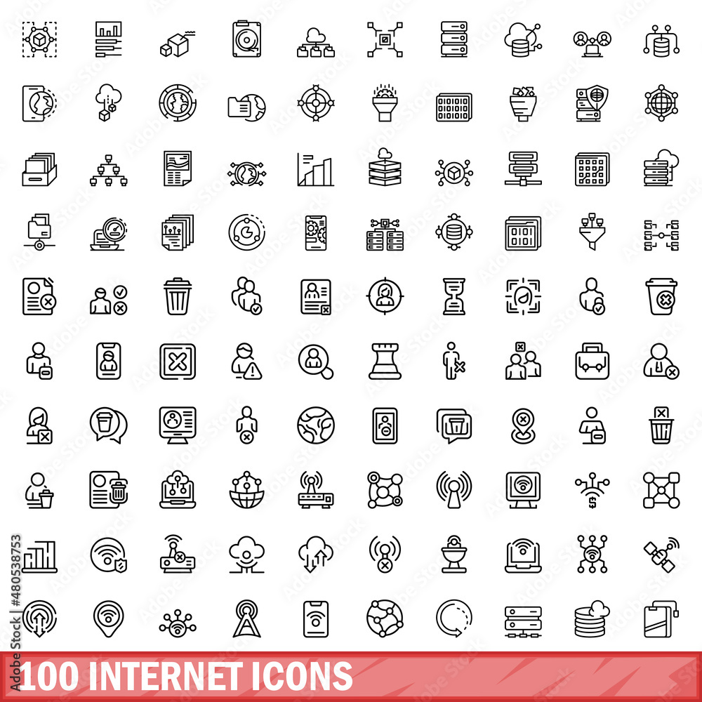 Poster 100 internet icons set, outline style - Posters