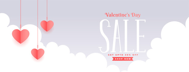 valentines day sale banner with clouds and hanging hearts