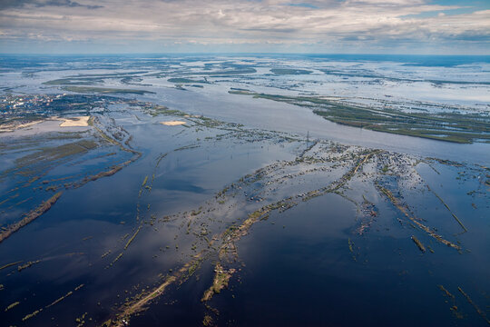 Aerial view of the flooded village in floodland of the Ob river in Siberia