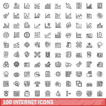 100 internet icons set, outline style
