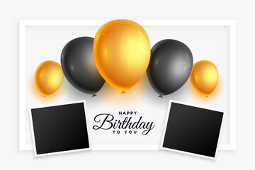 happy birthday background with golden black balloons and photo frames