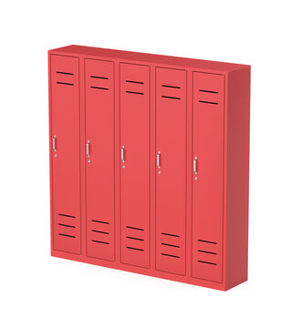Five red lockers on white background
