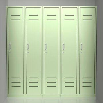 Five green metal lockers in the room