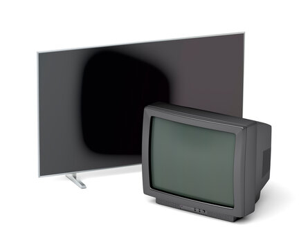 Old CRT tv and a new flat screen tv on white background