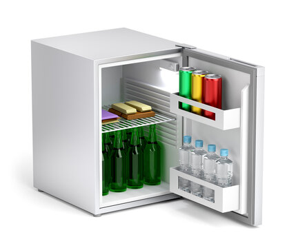 Silver minibar refrigerator full with drinks and snacks