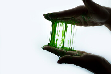 Anti stress stuck to hands, on a white background green anti stress.