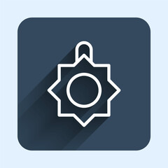 White line Christmas toy icon isolated with long shadow background. Merry Christmas and Happy New Year. Blue square button. Vector