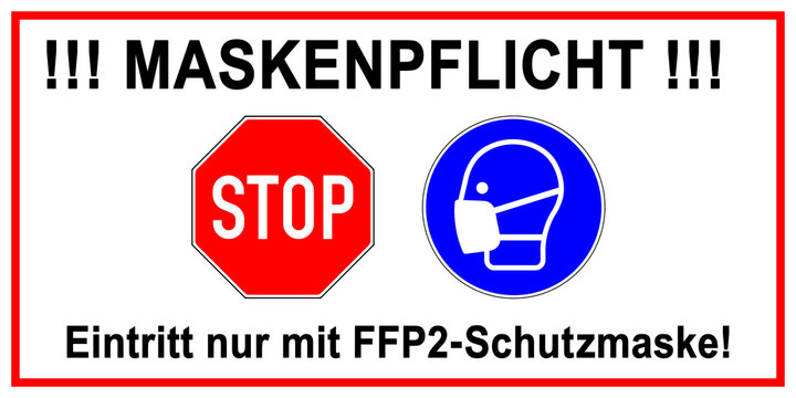 ds344 DiskretionSchild Zeichen - german label / banner - deutsch: MASKENPFLICHT . Eintritt nur mit FFP2 Schutzmaske! - Gebotszeichen . prevent corona . red frame / adhesive sticker - 2to1 xxl g11166