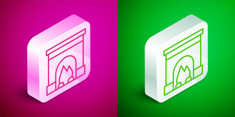 Isometric line Interior fireplace icon isolated on pink and green background. Silver square button. Vector