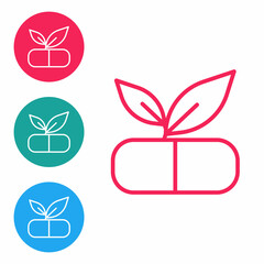 Red line Medical pill with plant icon isolated on white background. Herbal pill. Set icons in circle buttons. Vector