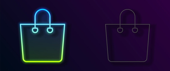Glowing neon line Paper shopping bag icon isolated on black background. Package sign. Vector