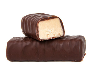 Chocolate candies sweets with praline filling isolated on the white