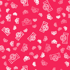 White line Oil pipe with valve icon isolated seamless pattern on red background. Vector