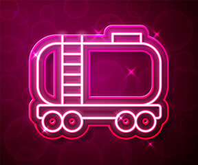 Glowing neon line Oil railway cistern icon isolated on red background. Train oil tank on railway car. Rail freight. Oil industry. Vector