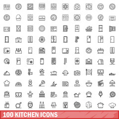 100 kitchen icons set, outline style